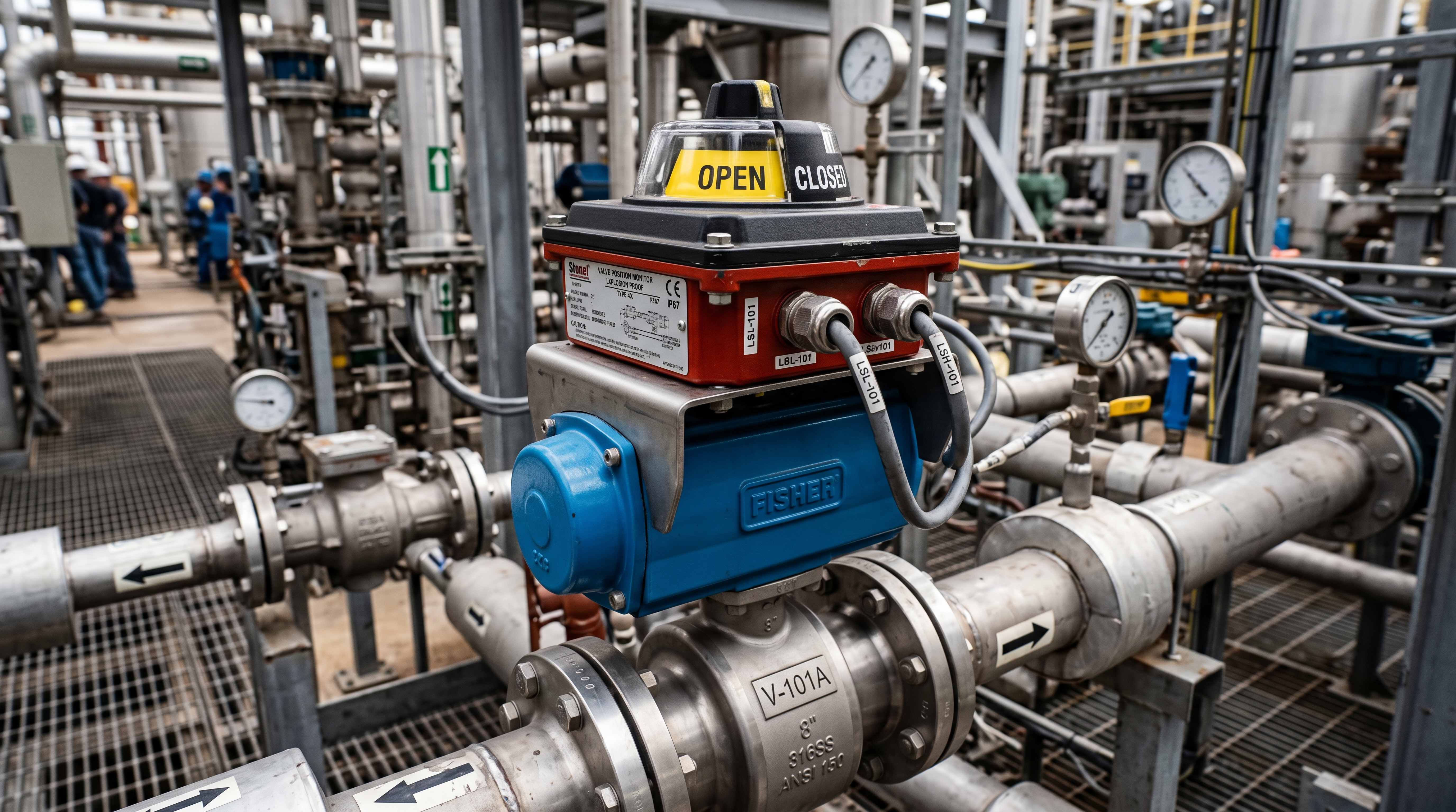 Pneumatic actuated valve with limit switch box and open closed position feedback in a process piping system